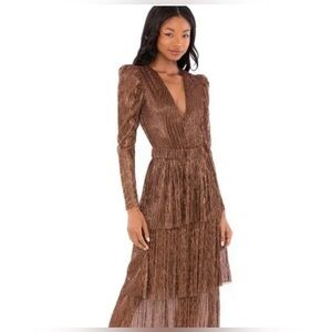 Sabina Musayev Brown Pleated Puff Sleeve Gown (Missing Belt)